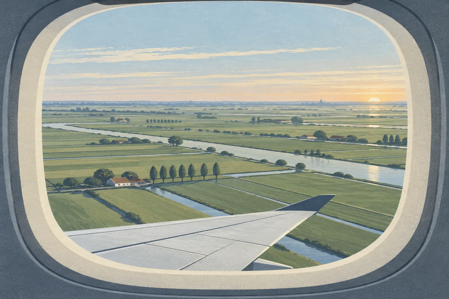 Ilustración: vista desde la ventanilla de un avión sobre un pólder neerlandés al amanecer, con canales rectos, granjas y una hilera de álamos.