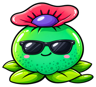 La mascota de Avalon Magic Plants, un cactus verde con una flor roja y gafas de sol
